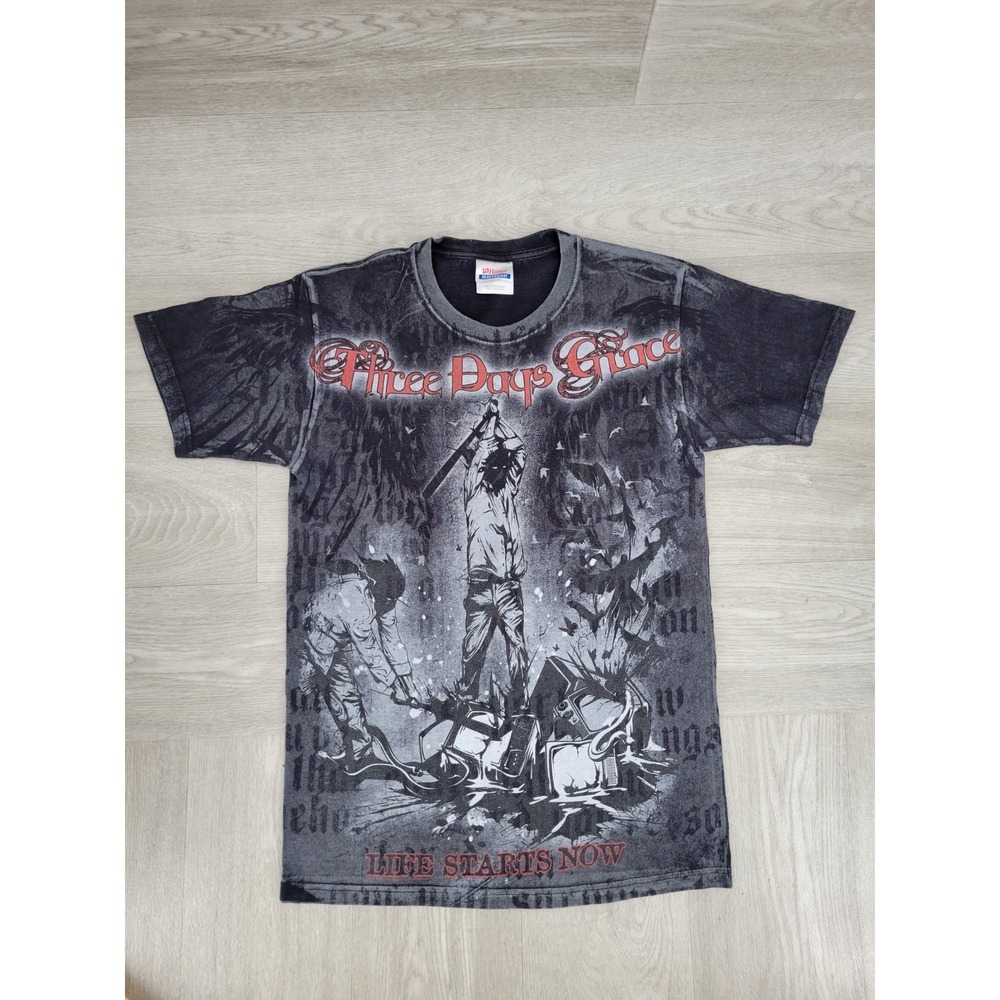 VTG Y2K Three Days Grace Life Starts Now AOP Band T-Shirt Adult Size Small Gray